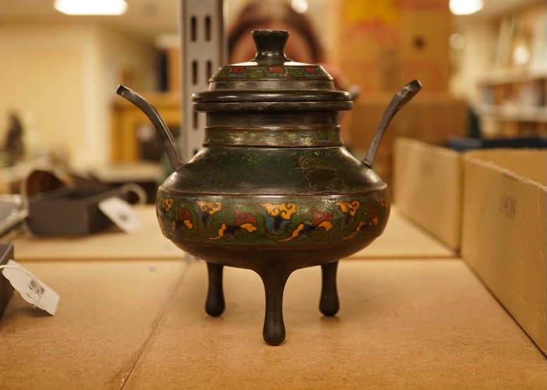 A Japanese twin handled champleve enamel koro and cover, 15cm high